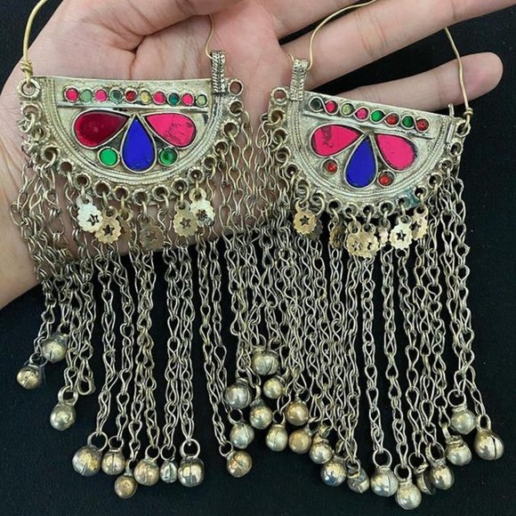 Afghan Oversized Chaandbaliyaan, Afghan Traditional Earrings Long Bells Earrings - Picture 2 of 6